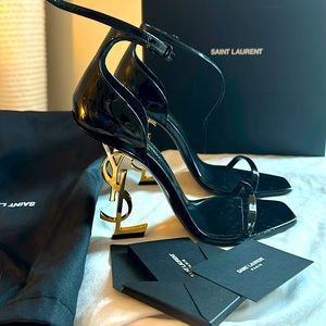 YSL Saint Laurent designer Opyum sandal black patent leather Cassandre heels
